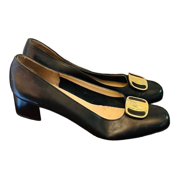 Salvatore Ferragamo Shoes - Vintage Salvatore Ferragamo Low Heel Pumps Blue Leather Gold Accent Size 8 AA